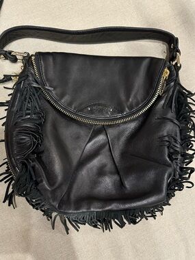 Botkier Black Leather Fringe Shoulder Bag with Gold Hardware